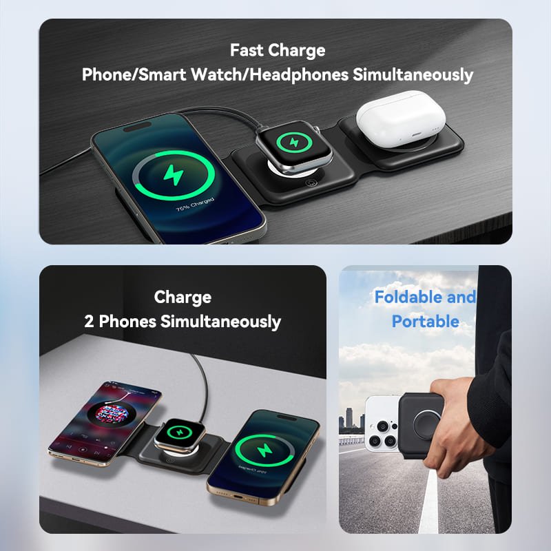 Vention 3-in-1 15W Wireless Charging Pad with MagSafe and LED Night Light Black