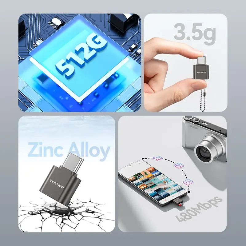 Vention USB 2.0 Type-C MicroSD Card Reader Gray Zinc Alloy Type