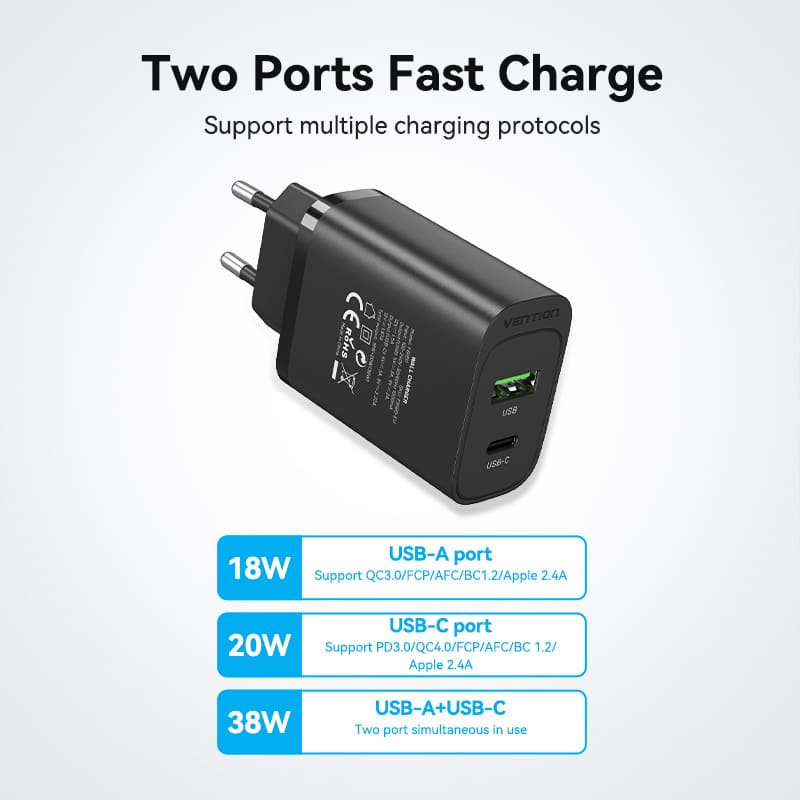 Vention 2-port USB(A+C) Wall Charger (18W+20W) EU-Plug Black