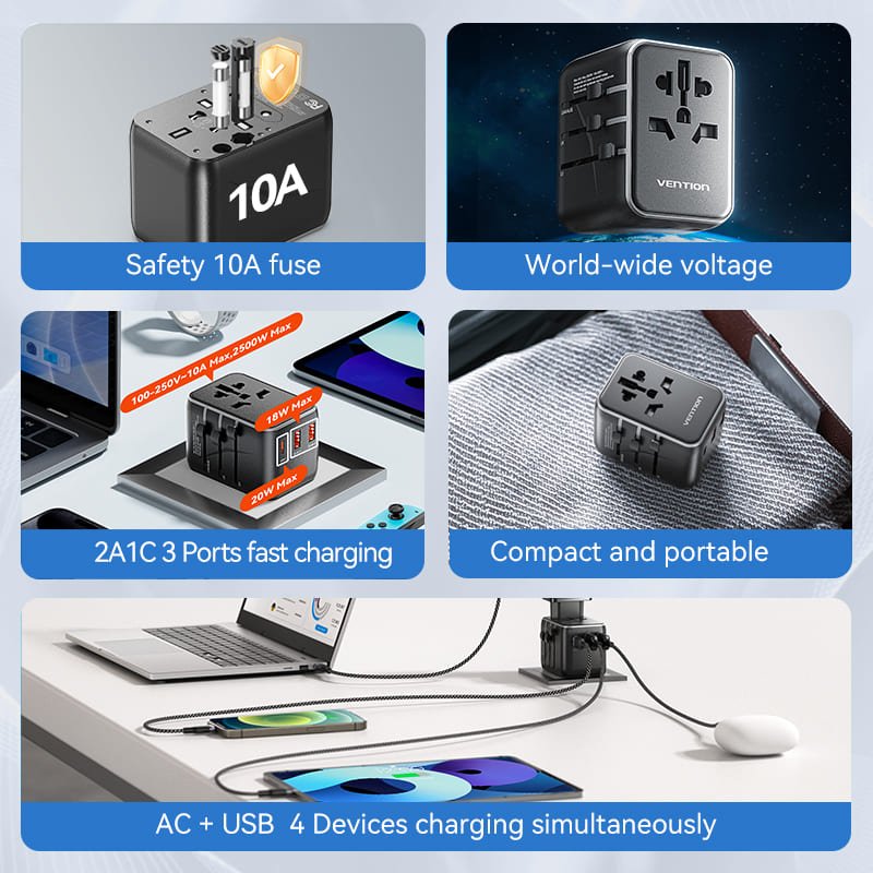 Vention 3-Port USB (C+A+A) Universal Travel Adapter (20W/18W/18W)
