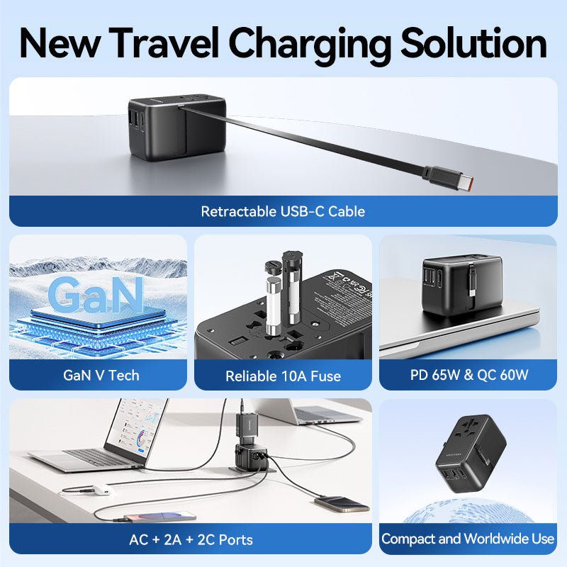 Vention 3-Port USB (C + A + A) GaN Universal Travel Adapter (65W/60W/5W) with Built-in USB-C Cable Black