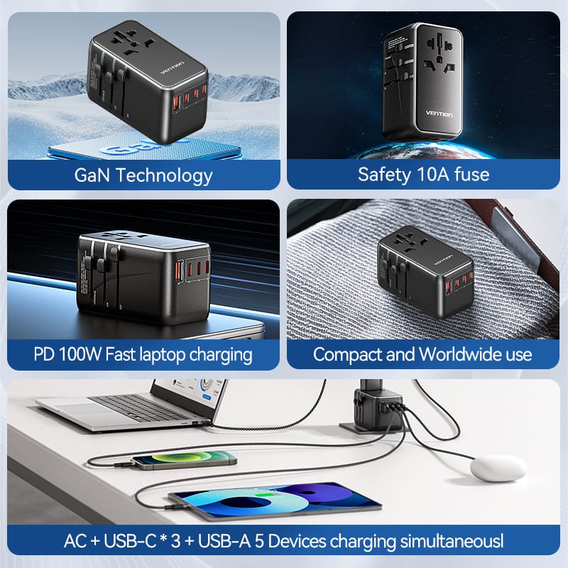 Vention 4-Port USB (C+C+A+A) GaN Universal Travel Adapter (100W/100W/20W/18W)