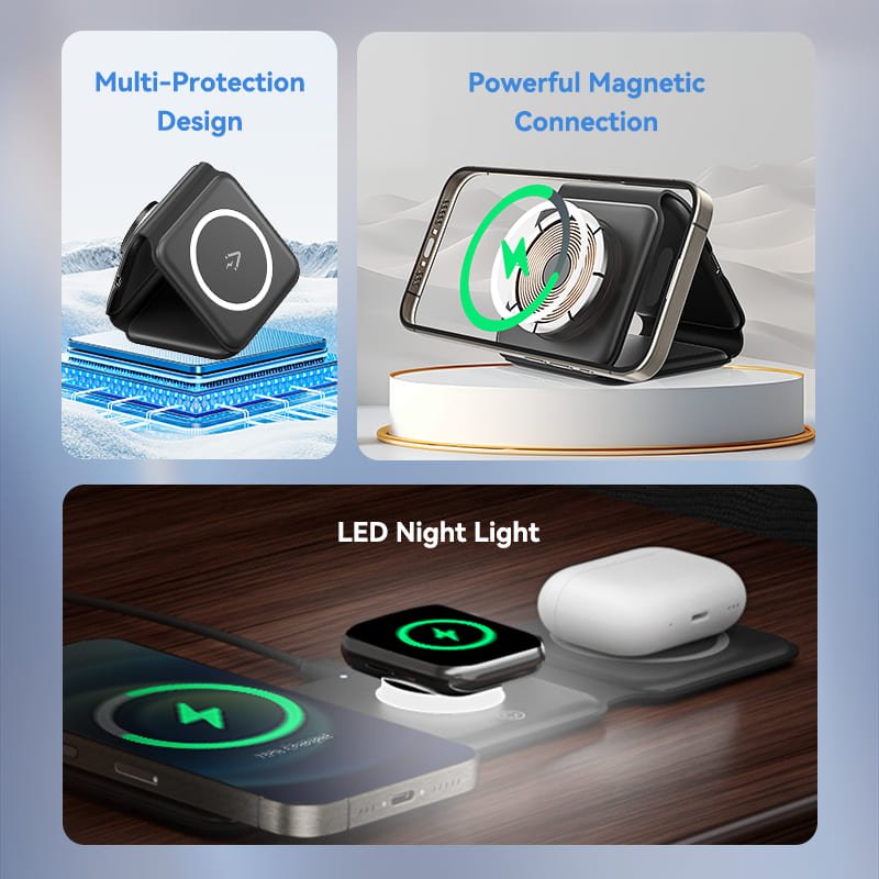 Vention 3-in-1 15W Wireless Charging Pad with MagSafe and LED Night Light Black