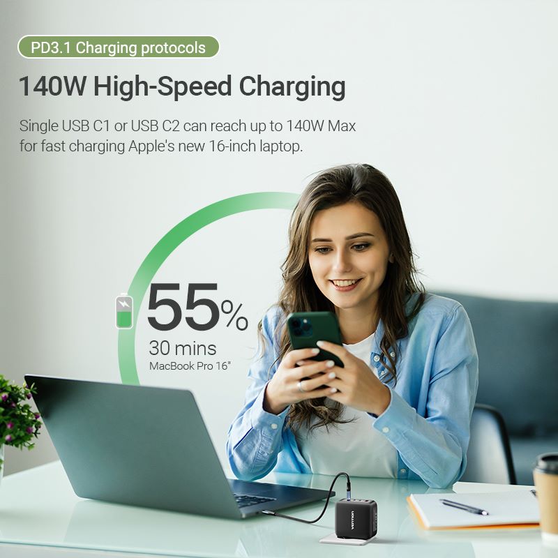Vention 4-Port USB (C + C + C + A) GaN Charging Kit (140W/140W/30W/30W) EU-Plug
