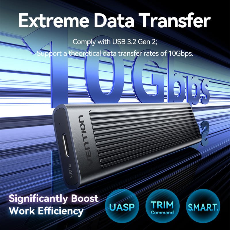 Vention M.2 NVMe & SATA SSD Enclosure (USB 3.2 Gen 2-C) with Heat Sink Gray Aluminum Alloy Type