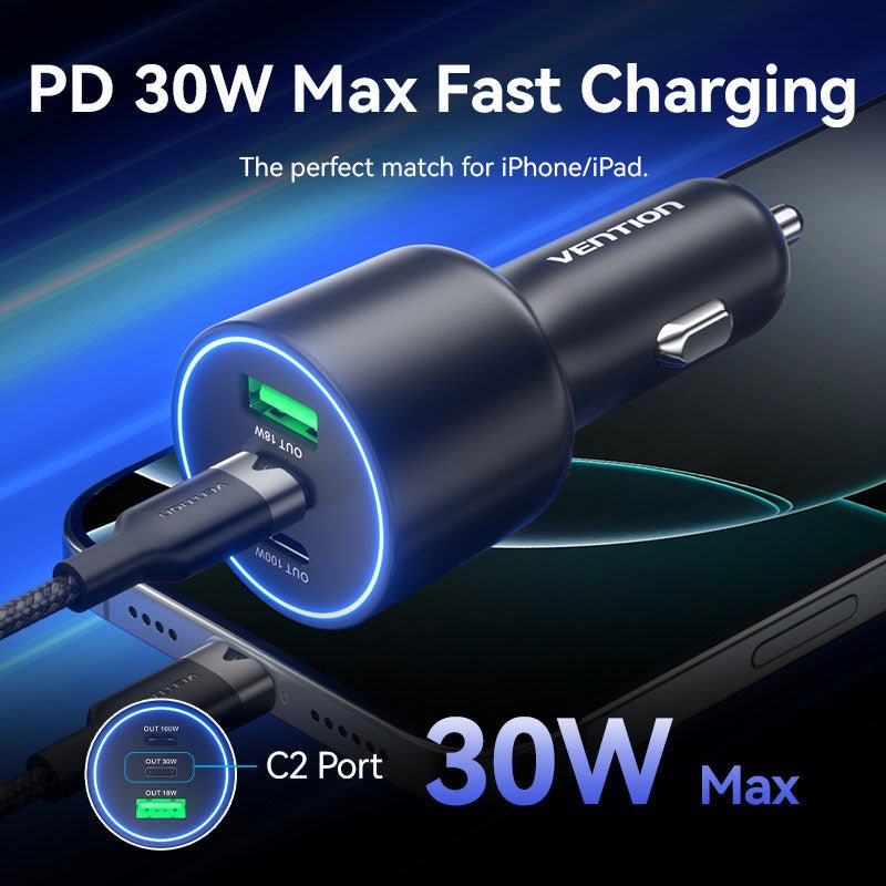 Vention Three-Port USB C+C+A (100W+30W+18W) Car Charger Black ABS Type