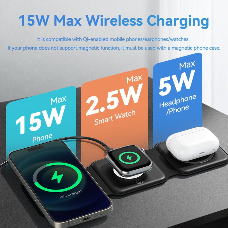 Vention 3-in-1 15W Wireless Charging Pad with MagSafe and LED Night Light Black
