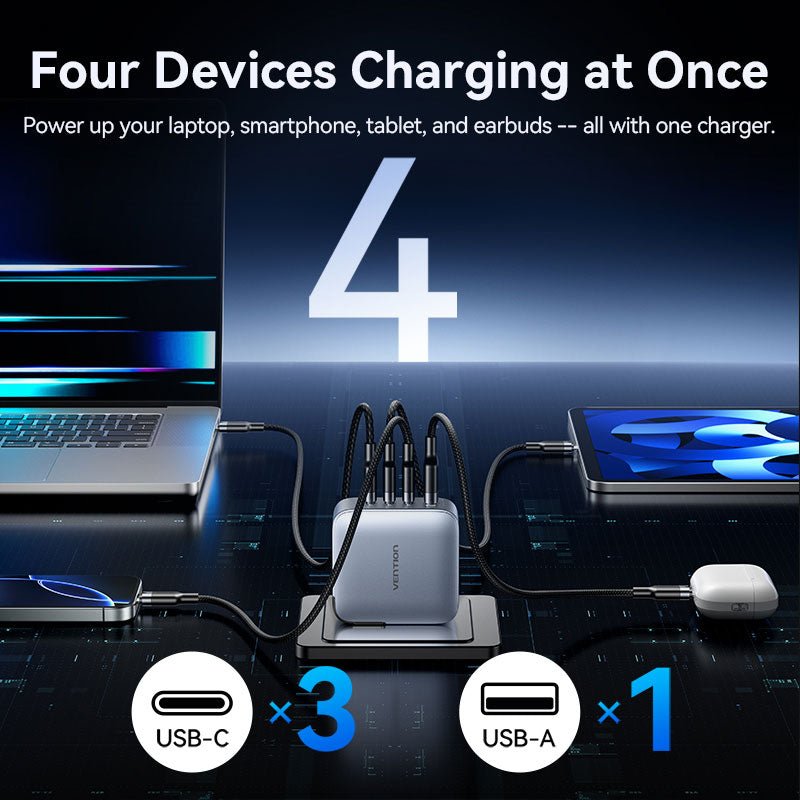 Vention 4-Port USB (C + C + C + A) GaN Charger (100W/100W/30W/30W) UK-Plug Gray
