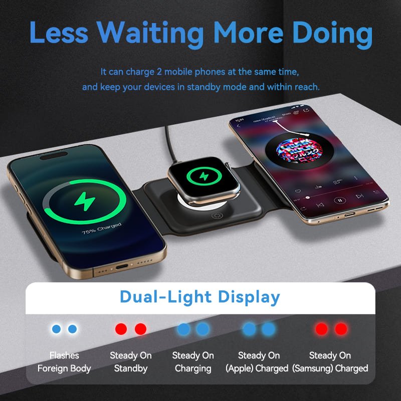 Vention 3-in-1 15W Wireless Charging Pad with MagSafe and LED Night Light Black