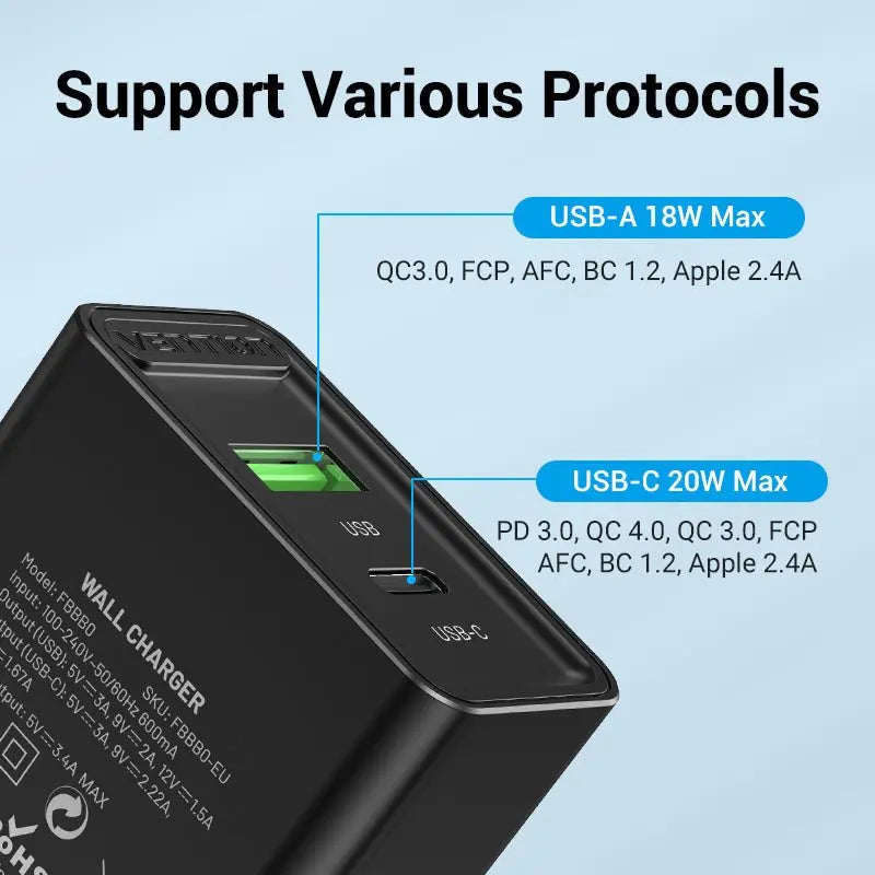 Vention 2-Port USB(A+C) Wall Charger (18W/20W) EU-Plug