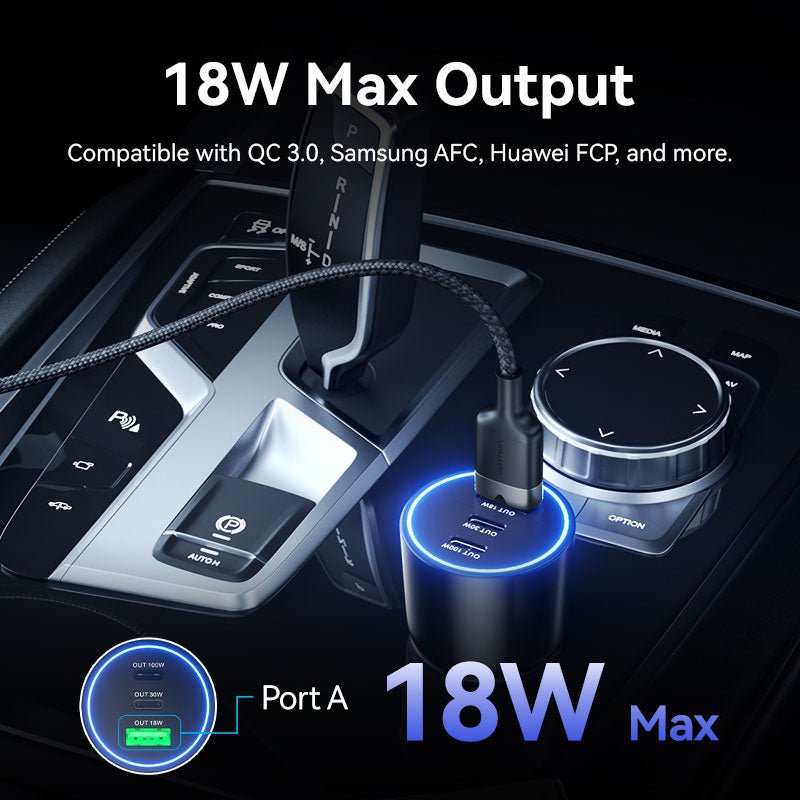Vention Three-Port USB C+C+A (100W+30W+18W) Car Charger Black ABS Type
