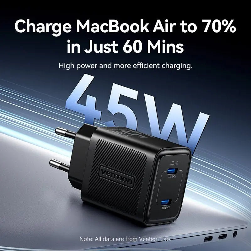 Vention 2-Port USB (C + C) GaN Charger (45W/45W) EU-Plug Black