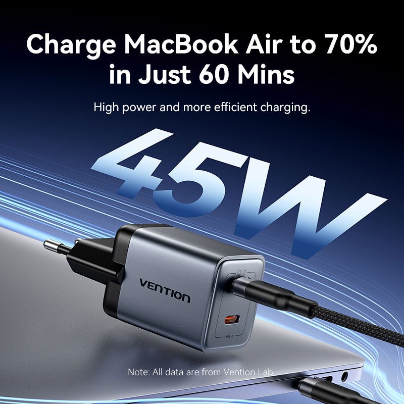 Vention 2-Port USB (C + C) GaN Charger (45W/45W) Gray with USB-C to USB-C Cable (1M) Black EU-Plug