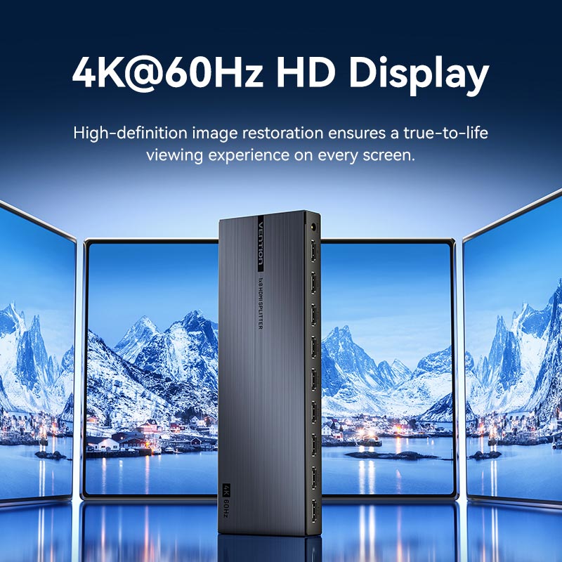 Vention 1-In & 8-Out HDMI™ Splitter 4K@60Hz Black Aluminum Alloy Type EU Standard