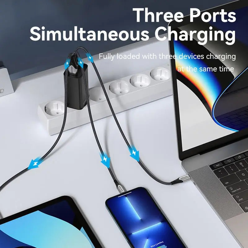 Vention 3-Port USB(C+C+A) GaN Charger(65W/30W/30W) EU-Plug