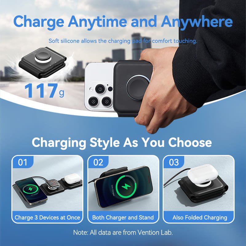 Vention 3-in-1 15W Wireless Charging Pad with MagSafe and LED Night Light Black