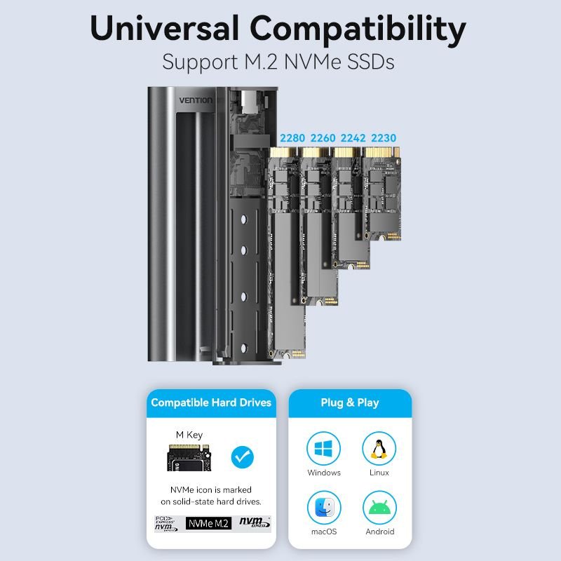 Vention M.2 NVMe SSD Enclosure (USB 3.1 Gen 2-C) with Heat Sink Gray Aluminum Alloy Type