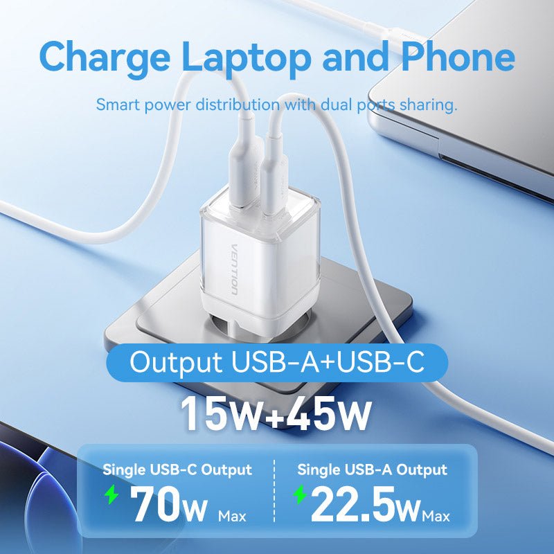 Vention 2-Port USB (C + A) GaN Charger (70W/22.5W) EU-Plug Transparent Gray