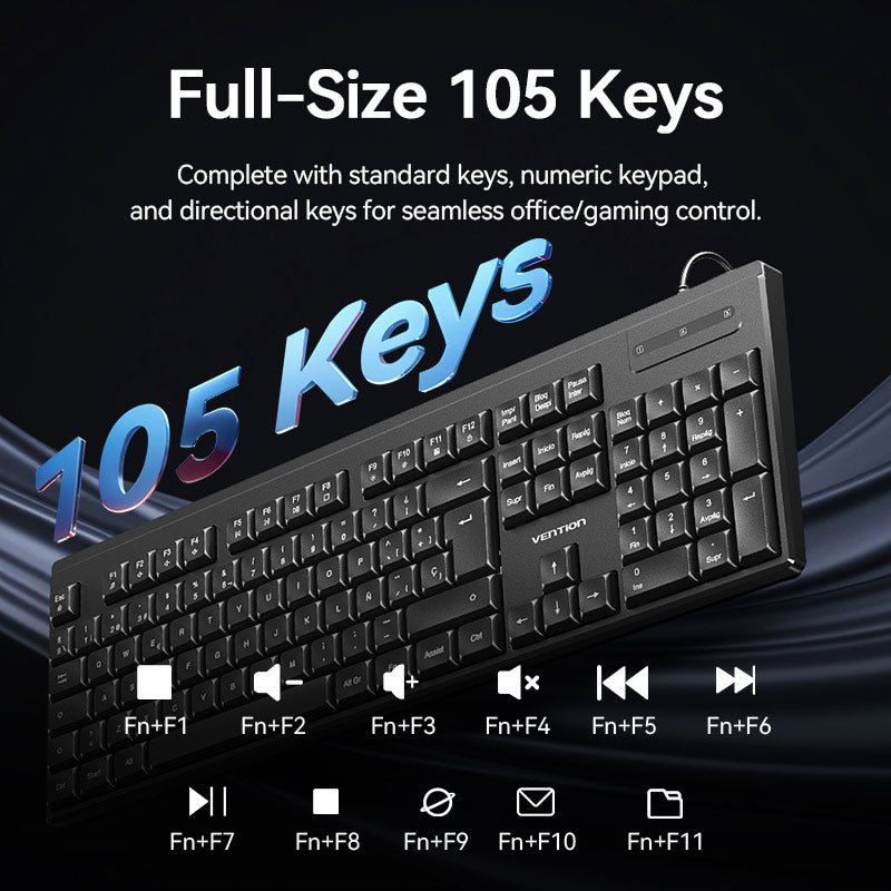 Vention USB Wired Full-Sized Silent Keyboard and Mouse Combo Black Slim Type - Spanish Layout