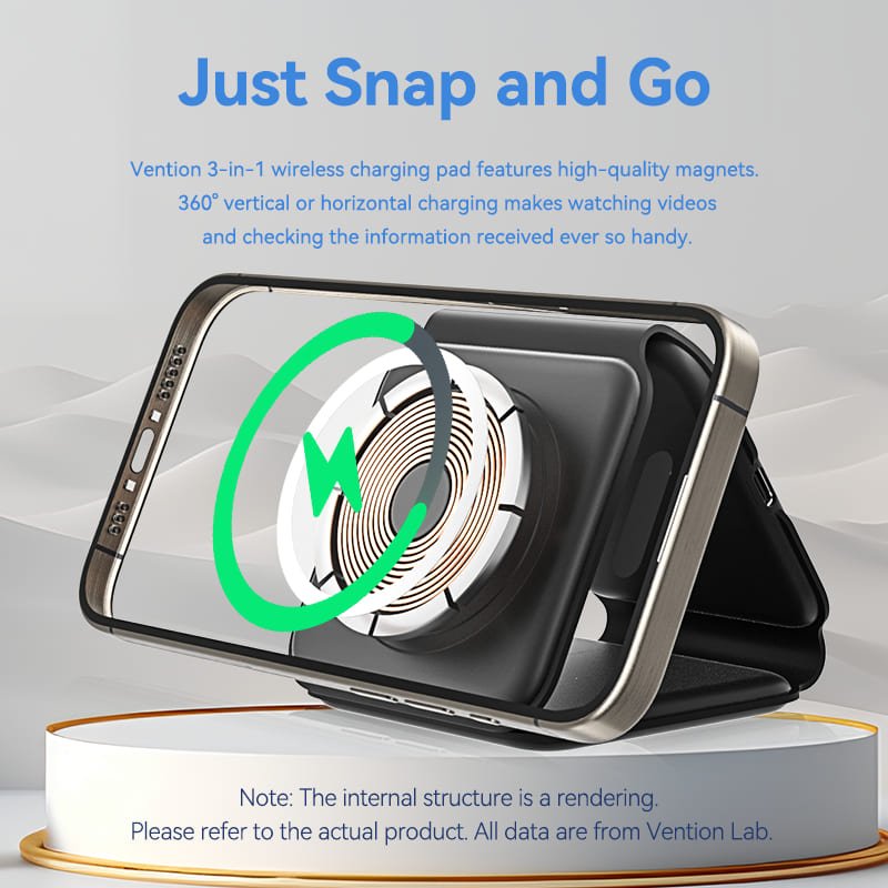 Vention 3-in-1 15W Wireless Charging Pad with MagSafe and LED Night Light Black