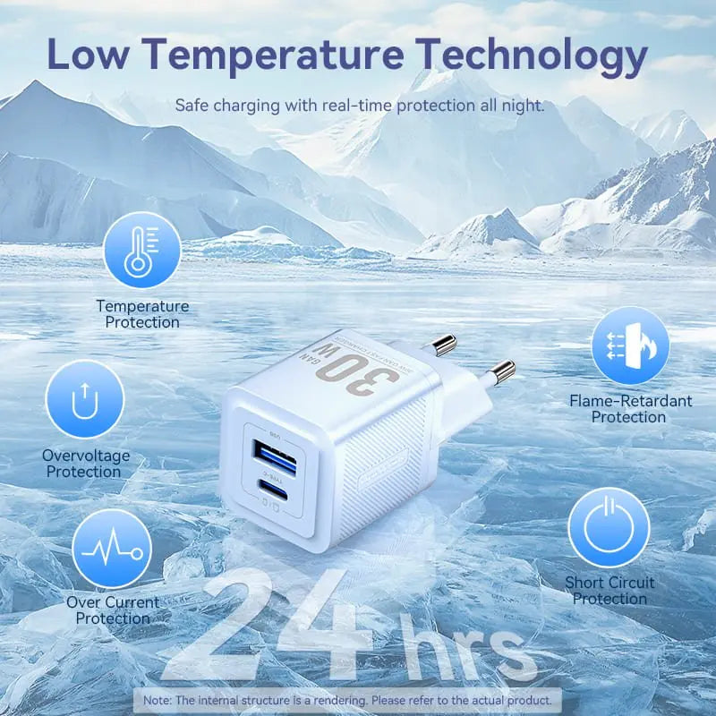 Vention 2-Port USB (C+A) GaN Charger (30W/30W) EU-Plug