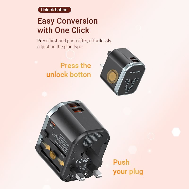 Vention 3-Port USB (C+C+A) Universal Travel Adapter (20W/18W/18W)