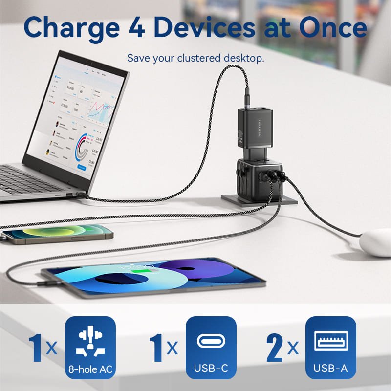 Vention 3-Port USB (C+A+A) Universal Travel Adapter (20W/18W/18W)