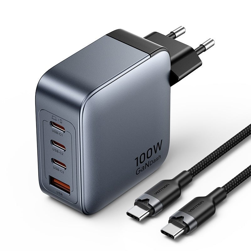Vention 4-Port USB (C + C + C + A) GaN Charger (100W/100W/30W/30W) Gray with USB-C to USB-C Cable (1M) Black EU-Plug
