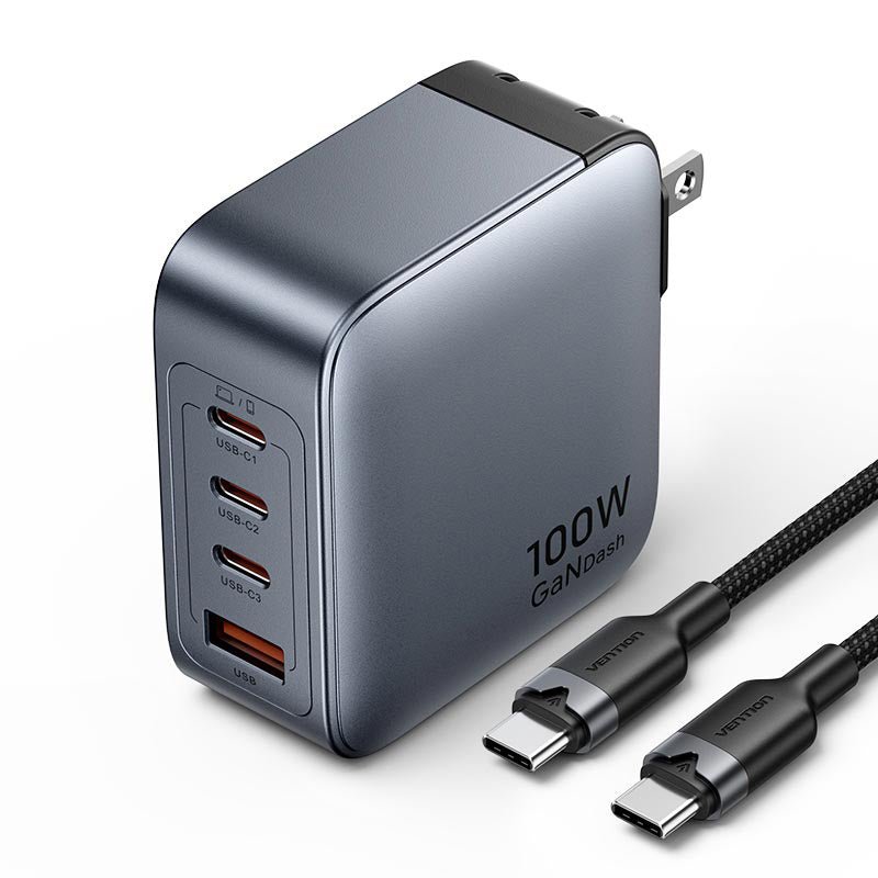 Vention 4-Port USB (C + C + C + A) GaN Charger (100W/100W/30W/30W) Gray with USB-C to USB-C Cable (1M) Black US-Plug