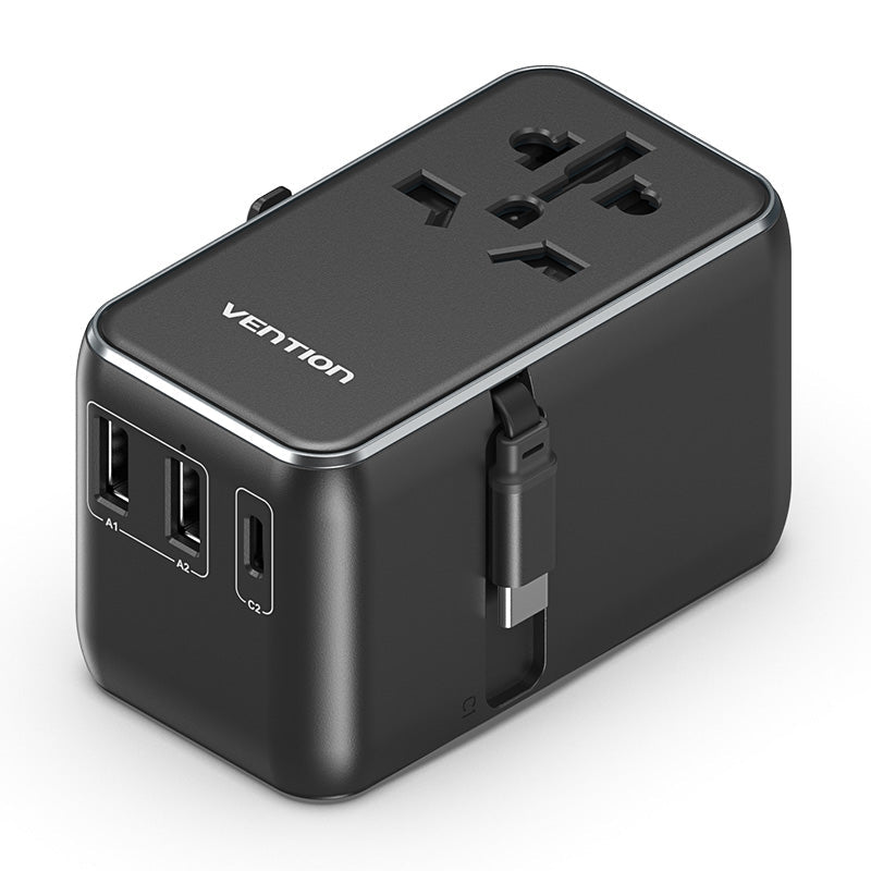 Vention 3-Port USB (C + A + A) GaN Universal Travel Adapter (65W/60W/5W) with Built-in USB-C Cable Black