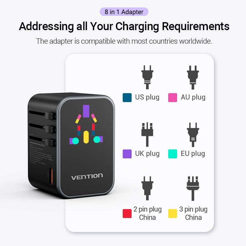 Vention 3-Port USB (C+C+A) GaN Universal Travel Adapter (65W/65W/30W)
