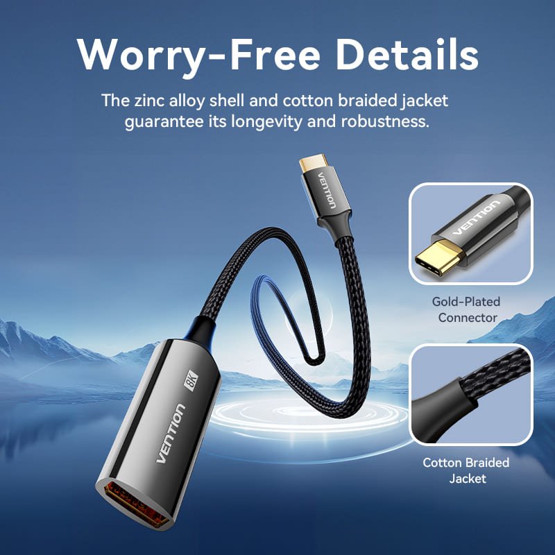 Vention Cotton Braided USB-C to DP 8K Converter 0.25M Black Zinc Alloy Type