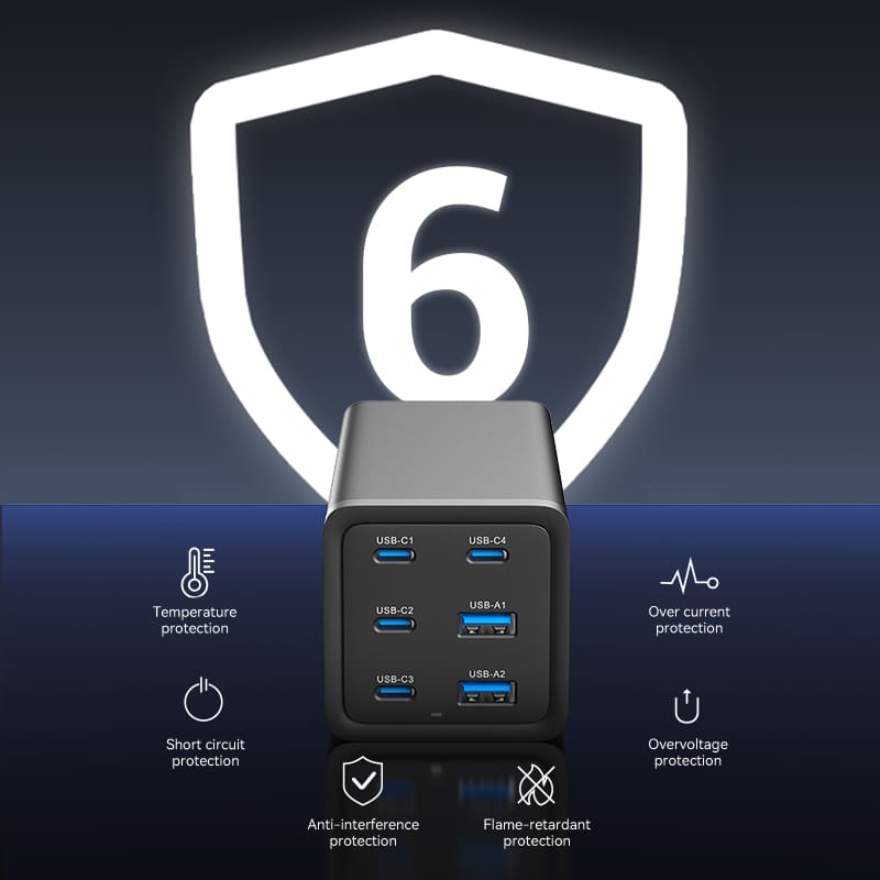 Vention 6-Port USB (C+C+C+C +A+A) Desktop GaN Charger (140W/140W/45W/20W/18W/18W) Plug