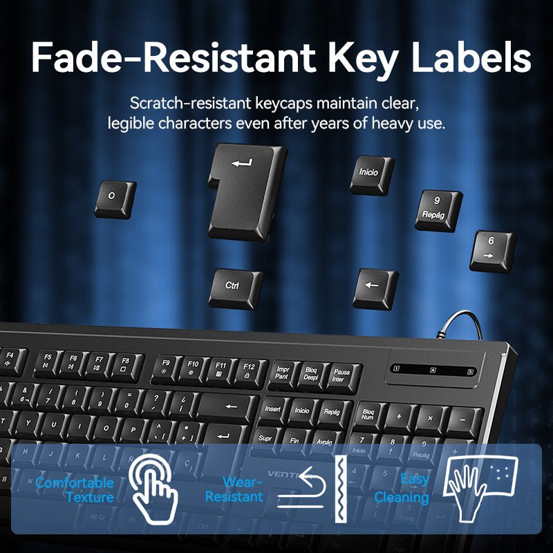 Vention USB Wired Full-Sized Silent Keyboard and Mouse Combo Black Slim Type - Spanish Layout