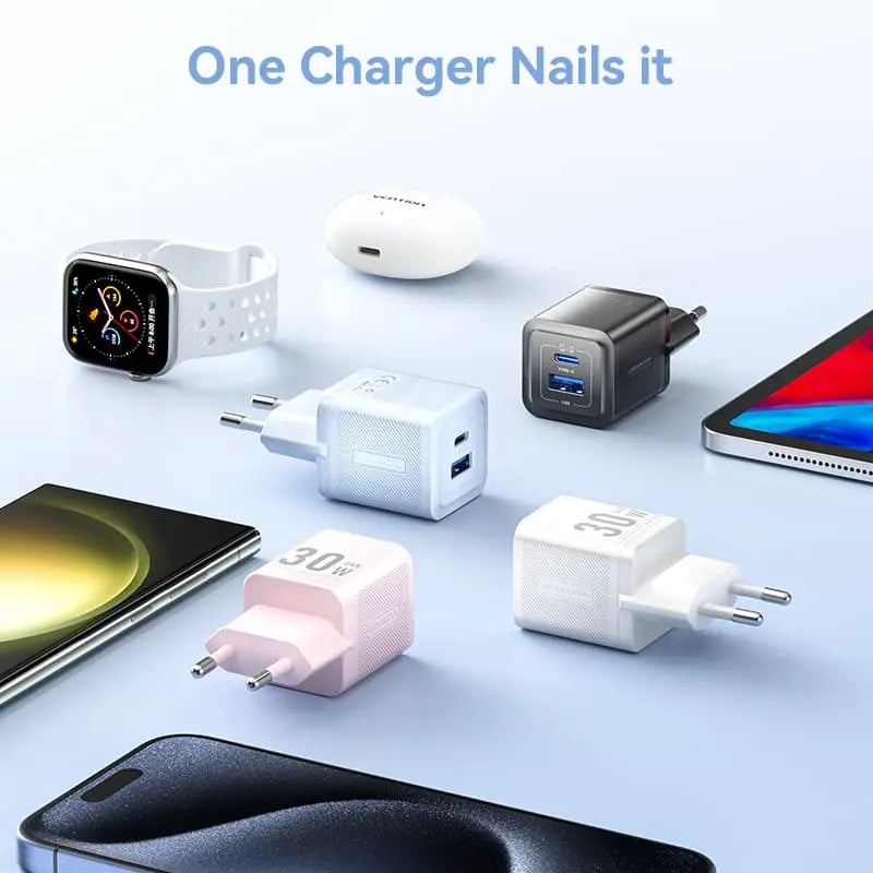 Vention 2-Port USB (C+A) GaN Charger (30W/30W) EU-Plug
