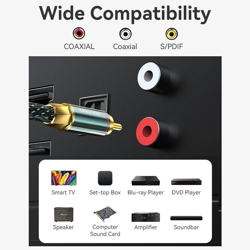 Vention Cotton Braided RCA Male to Male Coaxial Audio Cable 0.5/1/1.5/2/3/5/8/10M Green Copper Type