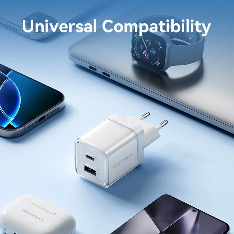 Vention 2-Port USB (C + A) GaN Charger (30W/30W) EU-Plug