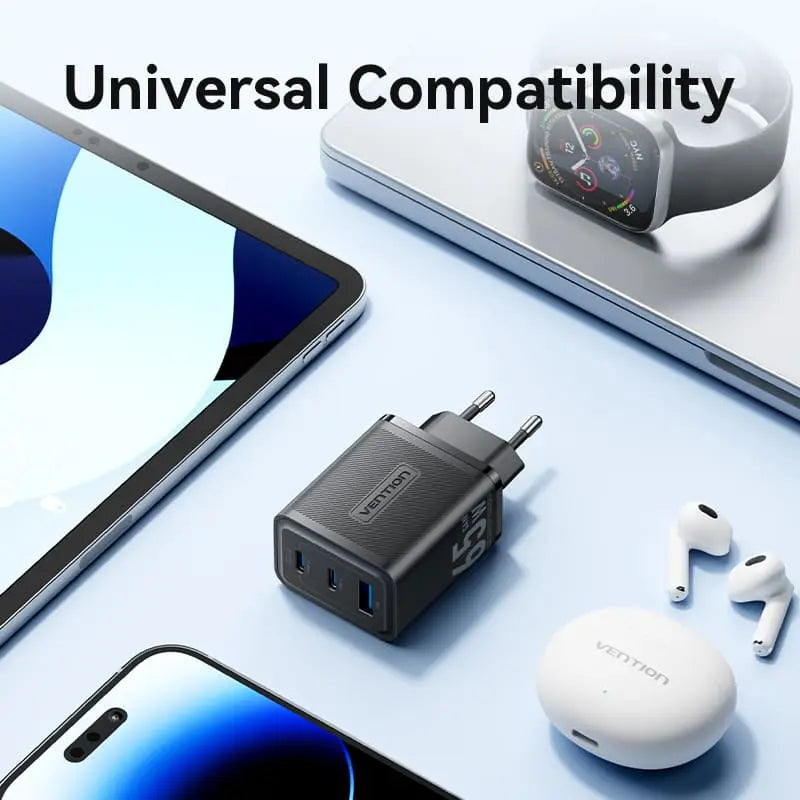 Vention 3-Port USB (C+C+A) GaN Charger (65W/65W/60W) EU-Plug
