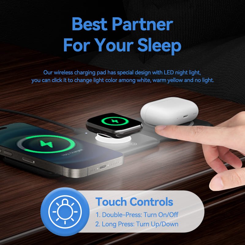 Vention 3-in-1 15W Wireless Charging Pad with MagSafe and LED Night Light Black