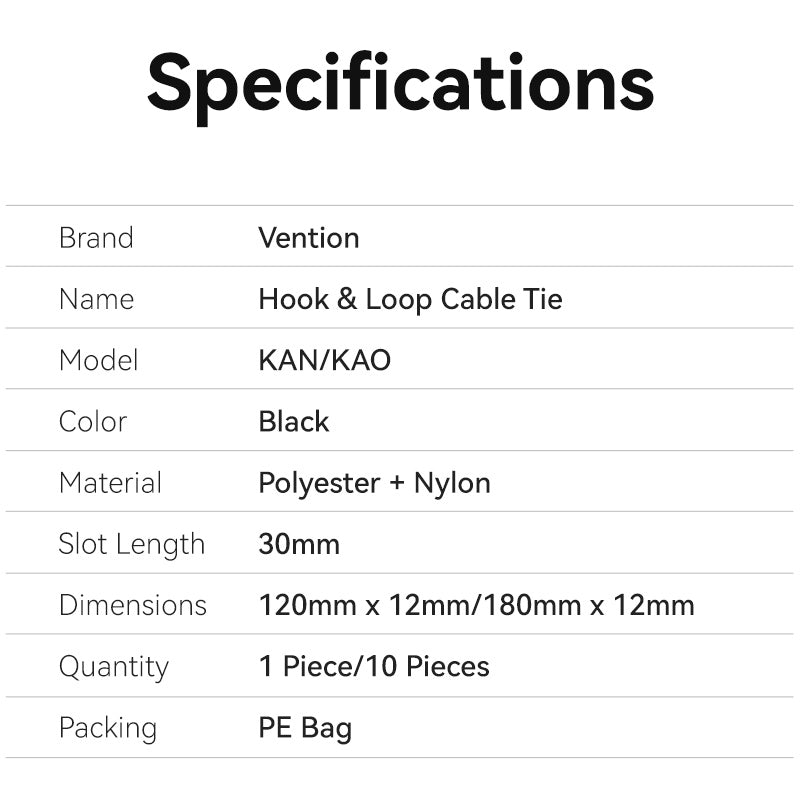 Vention Hook & Loop Cable Tie 120mm x 12mm Black