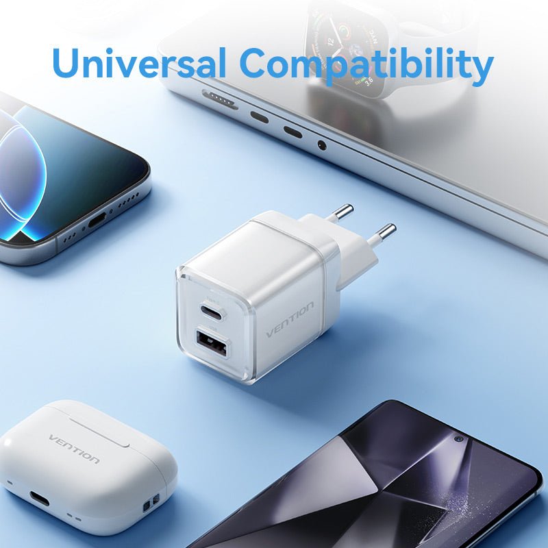 Vention 2-Port USB (C + A) GaN Charger (70W/22.5W) EU-Plug Transparent Gray