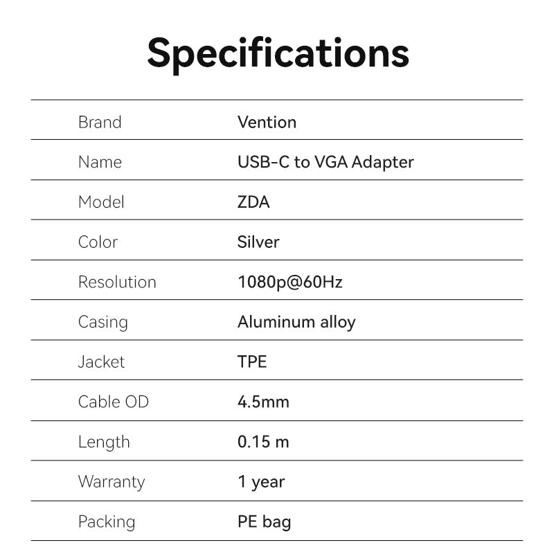 USB-C to VGA Converter 0.15M Silver Aluminium Alloy Type