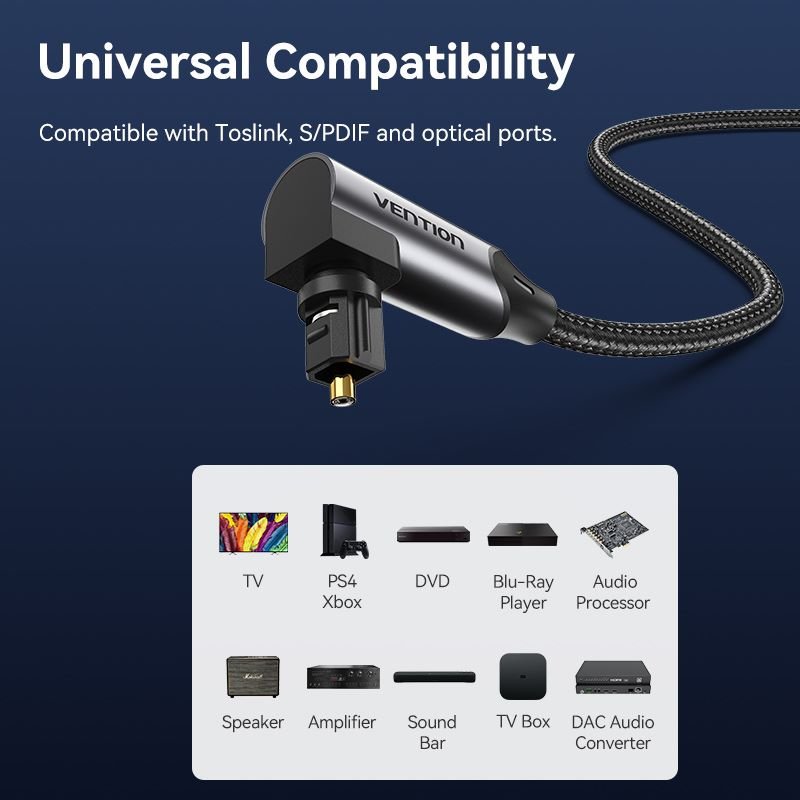 Vention 90-Degree Optical Audio Cable 0.5/1/1.5/2/3/5/10M Black Aluminum Alloy Type