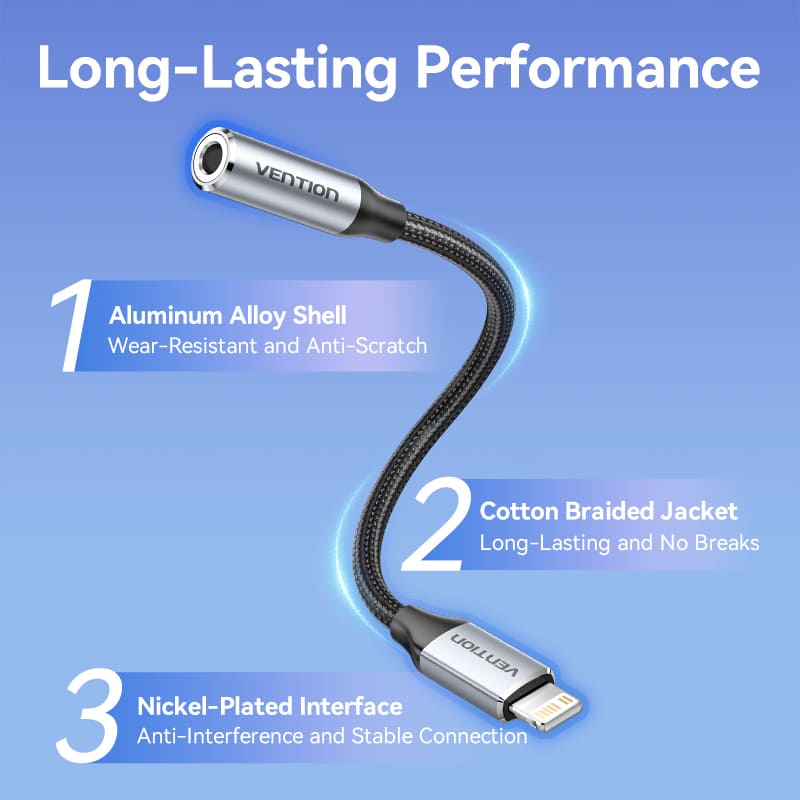 Vention Cotton Braided Lightning Male to 3.5MM Earphone Jack Adapter Aluminum Alloy Type