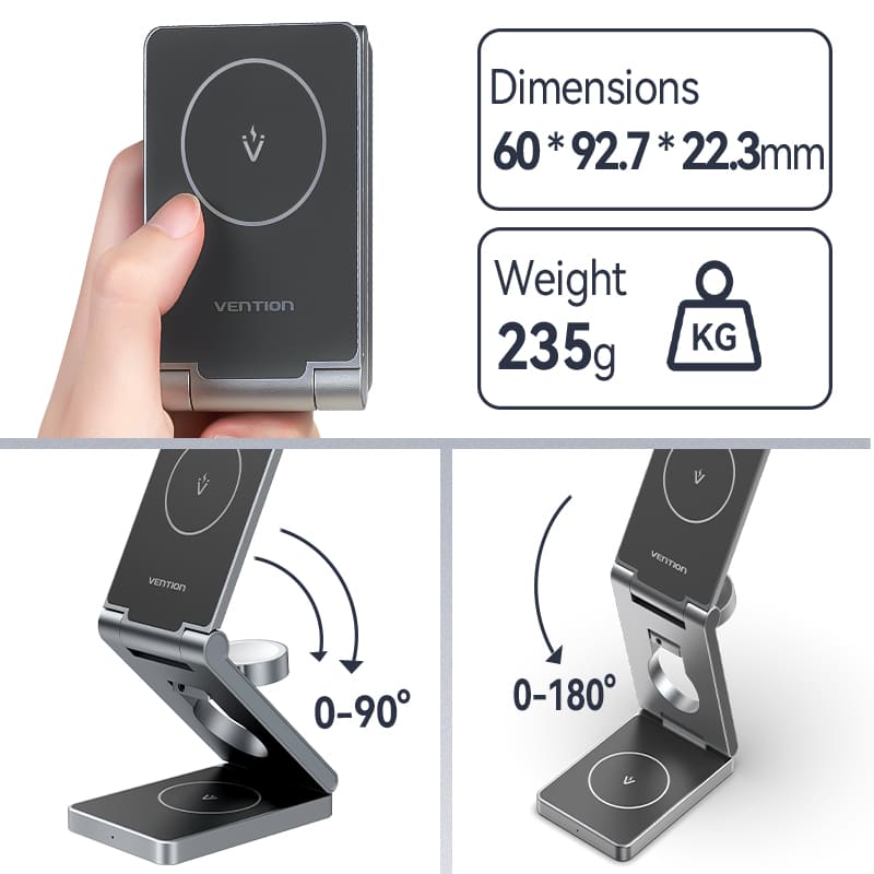 Vention 3‑in‑1 15W Wireless Charger Stand with MagSafe Gray