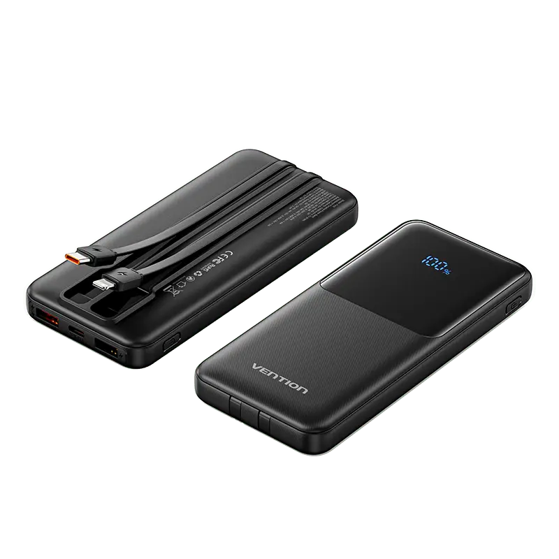 Vention 10000mAh Power Bank with Built-in USB-C and Lightning Cables 22.5W Black LED Display Universal Type