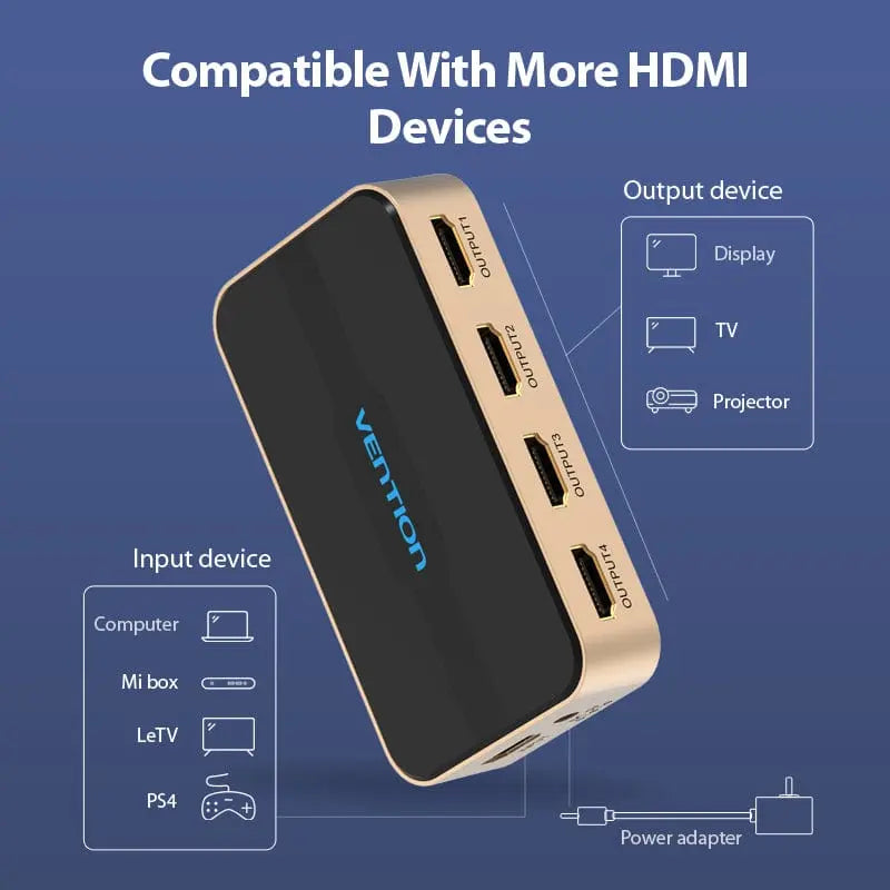 Vention 1 In 4 Out HDMI™ Splitter 4K@30Hz Gold Aluminum Alloy Type EU Standard