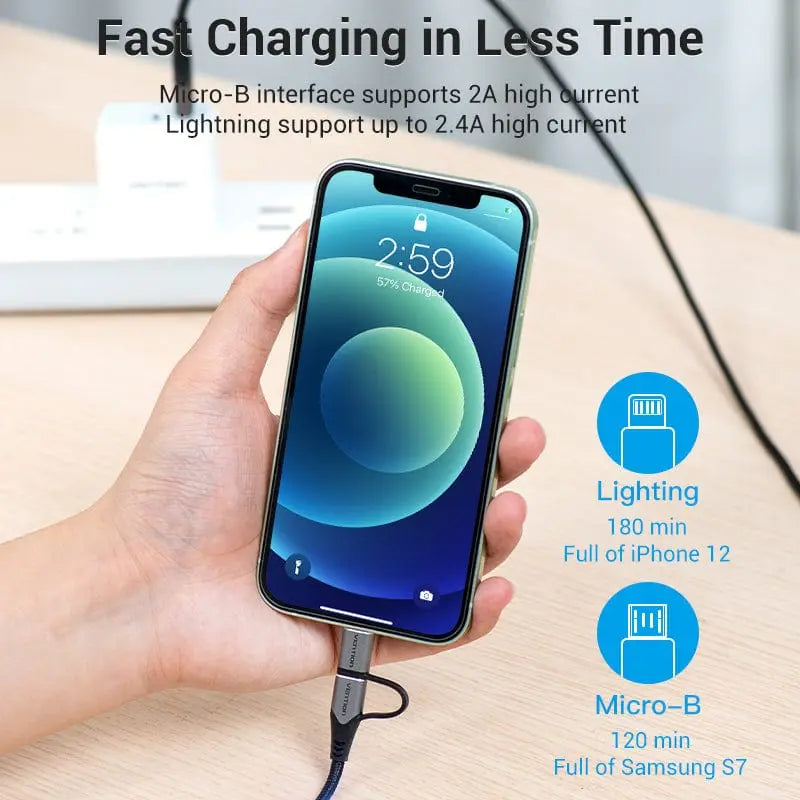 Vention USB 2.0 A Male to 2-in-1 Micro-B&Lightning Male Cable Aluminum Alloy Type