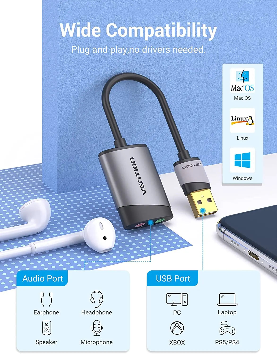 Vention USB External Sound Card 0.15M Gray Metal Type