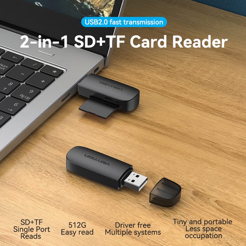 Vention 2-in-1 USB 2.0 A Card Reader(SD+TF) Black Single Drive Lette